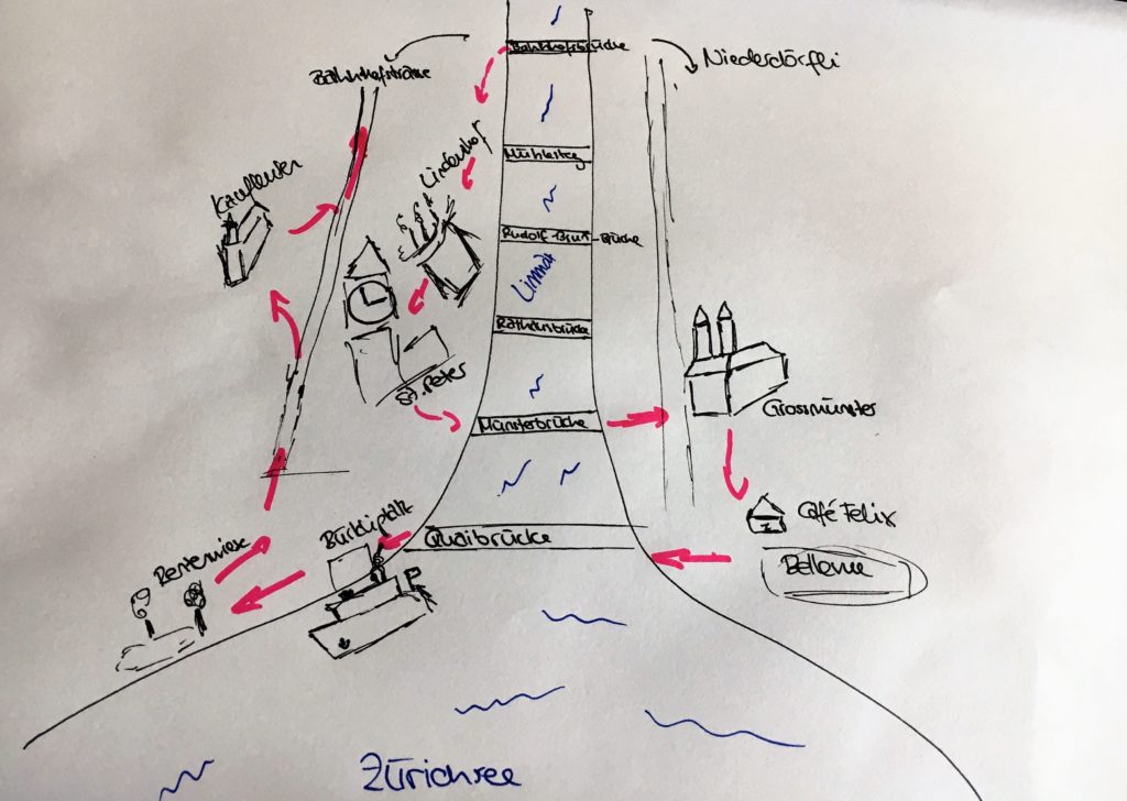 Handzeichnung meines Wegs durch Zürich
